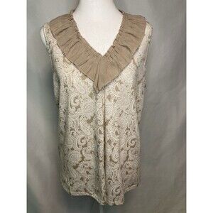 Womens L Sleeveless Tunic Beige Ruffle V-Neck Paisley Blouse Top Granny Cottage